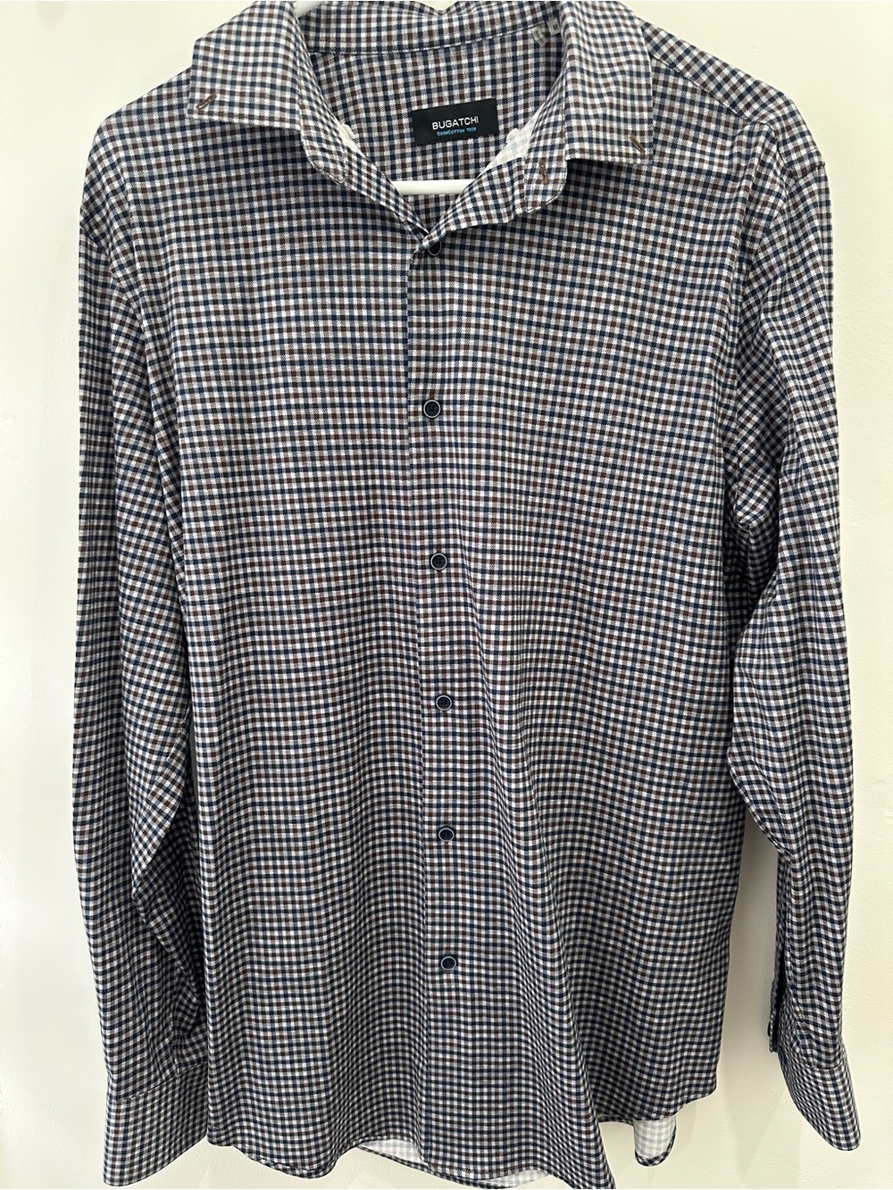 Bugatchi Men's Navy and White Check Dress Shirt. Size Medium